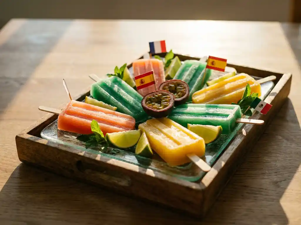 Kleurrijke bevroren cocktailsticks op houten dienblad, omringd door limoenpartjes, passievrucht en muntblaadjes in warm goudkleurig licht.