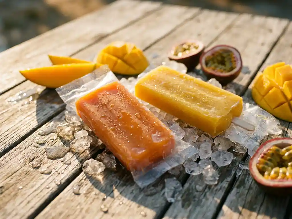 Twee tropische cocktail-ijslollies in mango-oranje en passievrucht-geel op crushed ice, met verse mangoplakken en passievruchten op verweerd hout.