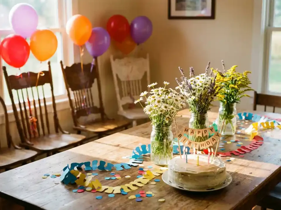Zelfgemaakte verjaardagstaart op houten tafel met kleurrijke handgemaakte decoraties en wilde bloemen in potten