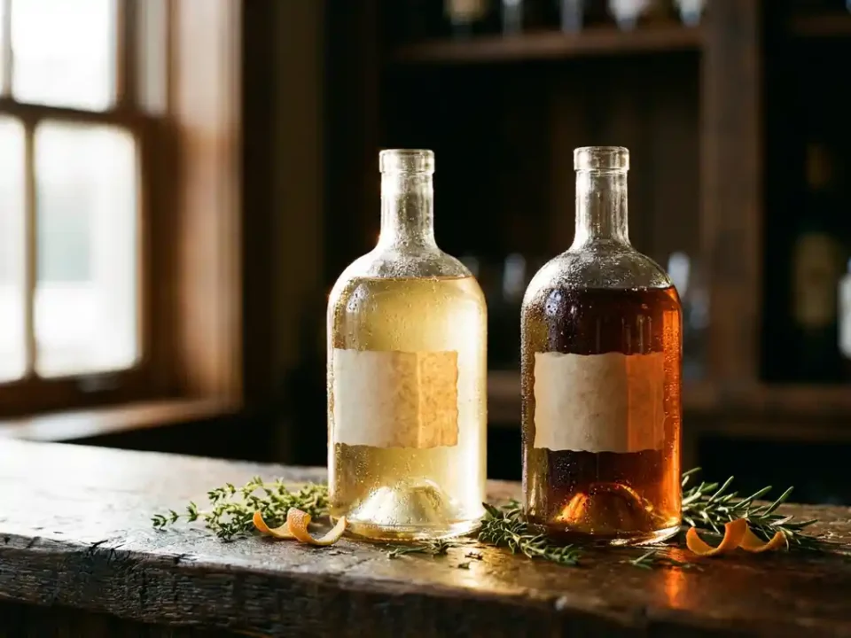 Twee elegante glazen flessen vermouth op rustieke houten bar, droge en zoete varianten met verse kruiden en sinaasappelschil
