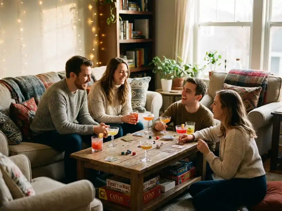 Vrienden genieten van kleurrijke mocktails en bordspellen in gezellige woonkamer met warme sfeerverlichting