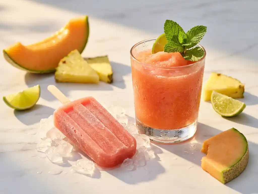 Gefrorener Wassermelonen-Cocktail-Eis am Stiel neben einem Minz-Limetten-Drink auf weißem Marmor mit Crushed Ice im Sommer.