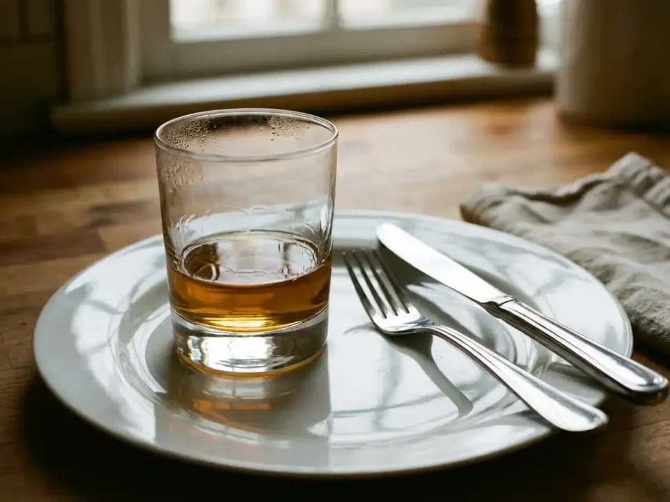 Glas amber whiskey op wit bord met bestek, geen eten, warme keukenverlichting creëert schaduwen en reflecties