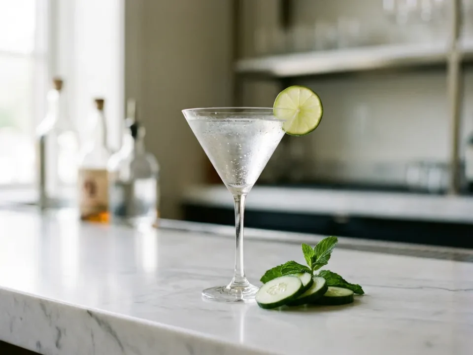 Vodka Soda mit Limettenscheibe in Martiniglas auf Marmorbar, garniert mit Gurke und Minze, natürliches Licht