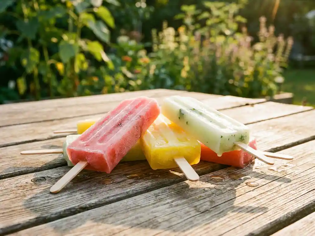 Kleurrijke bevroren cocktailsticks in watermeloenroze, citrusgeel en mintgroen smelten op een verweerde houten tafel in de zomerse middagzon.