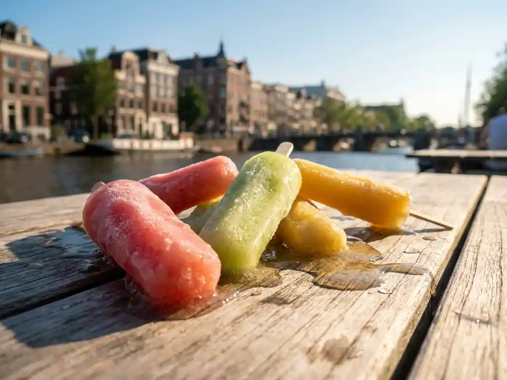 Kleurrijke tropische cocktailijssticks in watermeloenroze, limoengroen en goudgeel smelten op een verbleekt houten tafel bij een Amsterdamse gracht.
