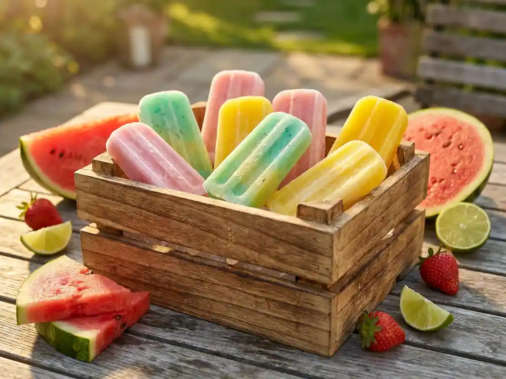 Kleurrijke bevroren cocktailsticks in houten krat met watermeloen, aardbeien en limoen in gouden zomerlicht.