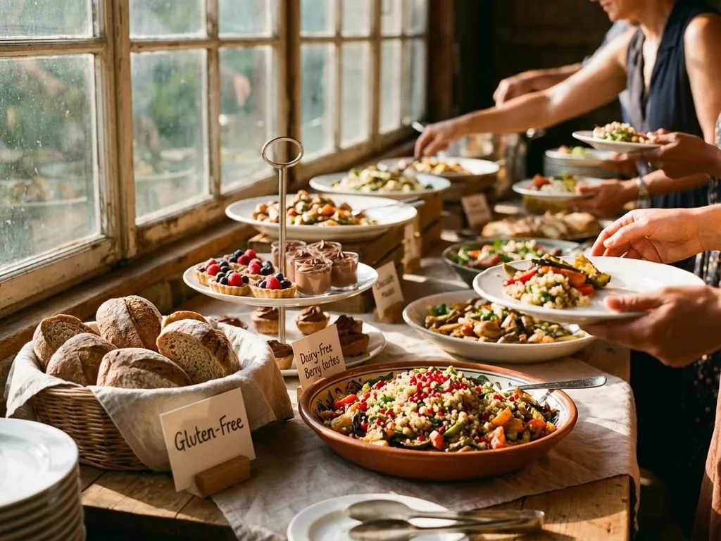 Buffet table with diverse gluten-free bread, vegetarian salads, and dairy-free desserts with guests selecting food options
