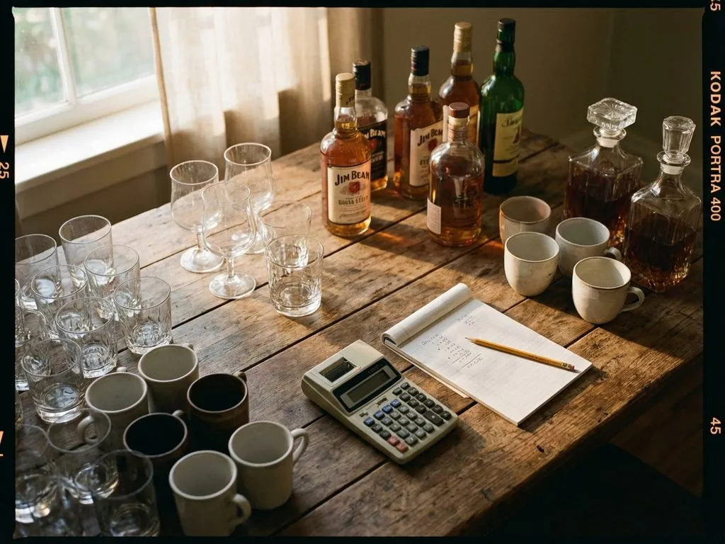 Houten tafel met georganiseerde drankglazen, flessen en berekeningen op notitieblok in warm natuurlijk licht