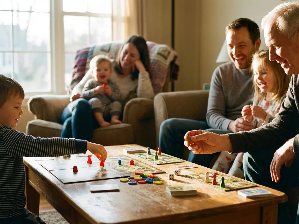Meerdere generaties spelen samen bordspellen aan salontafel met kleurrijke spelstukken, kaarten en dobbelstenen