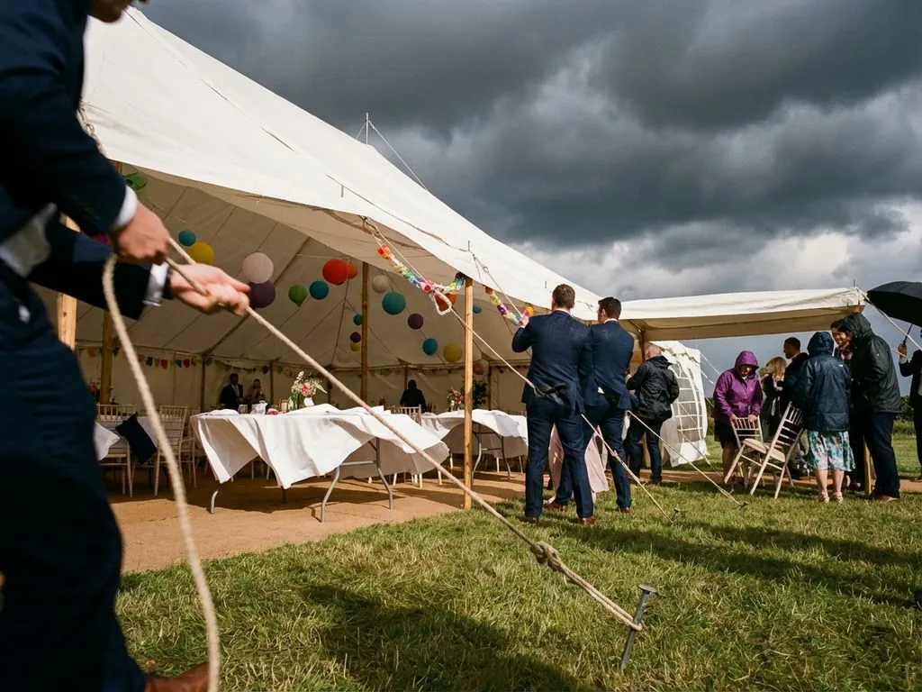 Mensen beveiligen partytent met touwen terwijl donkere onweerswolken naderen, gasten houden stoelen vast in wind